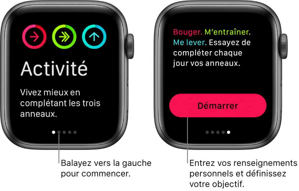 Deux écrans : l’un affiche l’écran d’accueil de l’app Activité, l’autre affiche le bouton Démarrer.