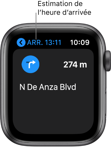 L’app Plans qui affiche l’heure d’arrivée prévue approximative en haut à gauche, le nom de la rue de votre prochain virage et la distance jusqu’à ce virage.