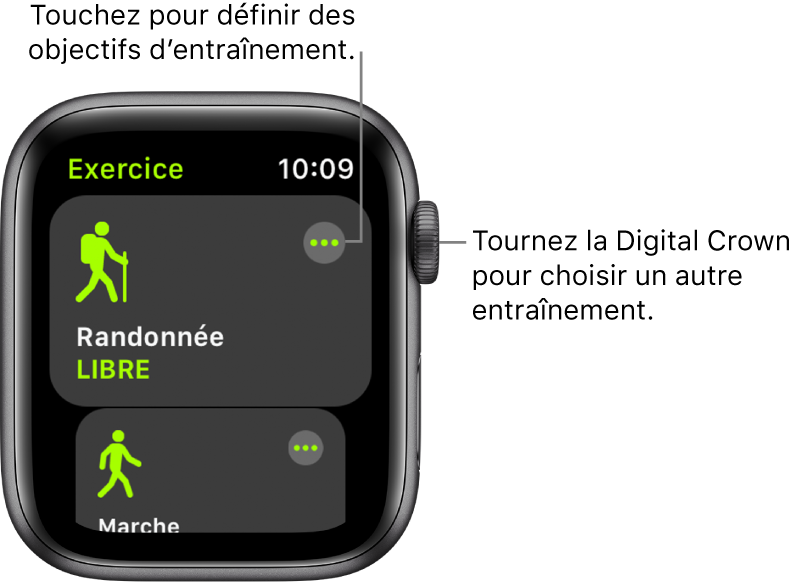 L’écran d’Exercice avec l’entraînement Randonnée mis en évidence. Un bouton Plus se trouve en haut à droite. Une partie de l’entraînement Marche (ext.) se trouve en-dessous.