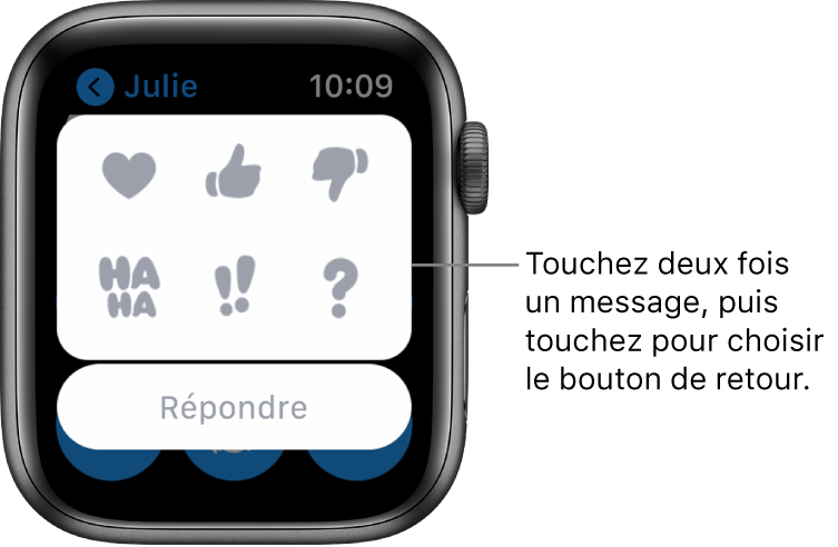 Une conversation Messages avec des options de Tapback : cœur, pouce vers le haut, pouce vers le bas, haha, !! et ?. Un bouton Répondre se trouve en dessous.