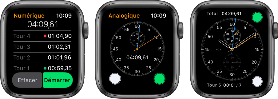Trois cadrans qui affichent trois types de chronomètre : un chronomètre numérique dans l’app Chronomètre, un chronomètre analogique dans cette même app et les commandes de chronomètre disponibles sur le cadran Chronographe.