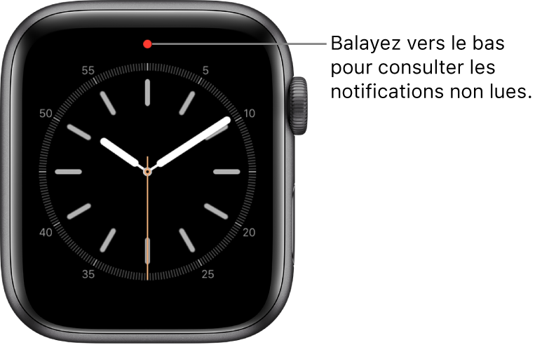 Un point rouge s’affiche en haut du cadran pour vous informer qu’une notification n’a pas été lue.
