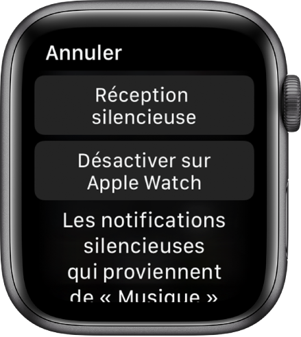 Réglages des notifications sur l’Apple Watch. Le bouton supérieur affiche « Réception silencieuse » et le bouton en dessous, « Désactiver sur l’Apple Watch ».