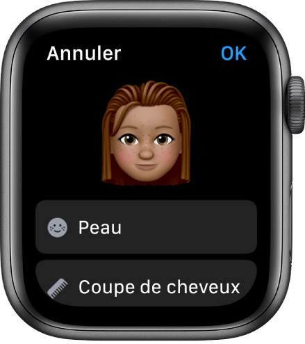 L’app Memoji sur l’Apple Watch qui affiche un visage près du haut et les options Peau et Coupe de cheveux en dessous.
