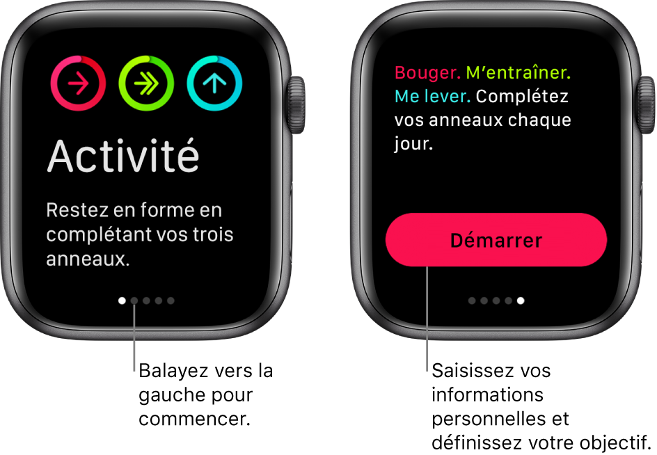 Deux écrans : L’un montre le premier écran de l’app Activité, l’autre montre le bouton Démarrer.
