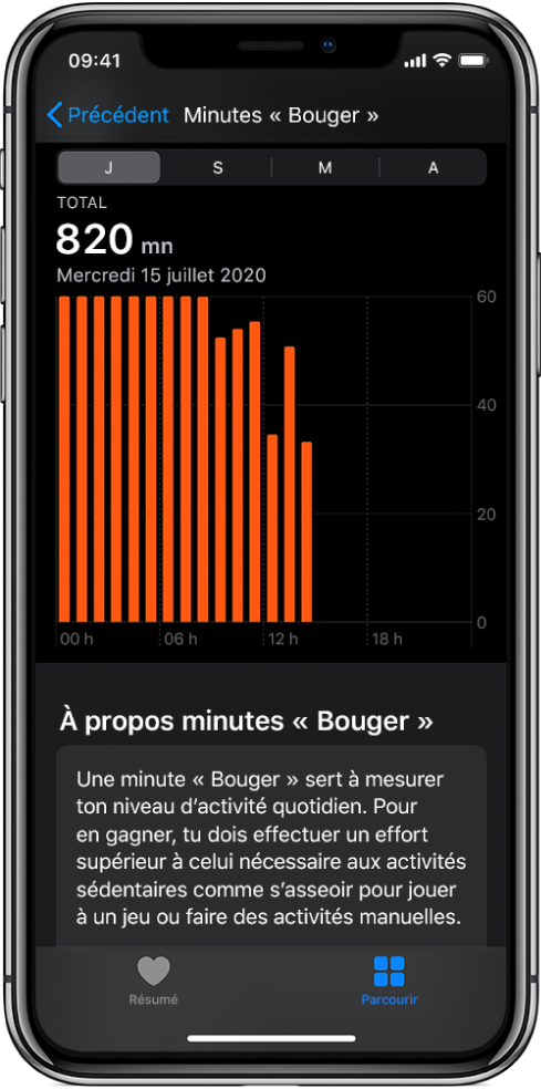 iPhone montrant un rapport Minutes « Bouger ». Les onglets Résumé et Parcourir se trouvent en bas, et l’onglet Parcourir est sélectionné.