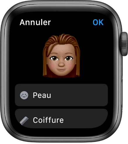 L’app Memoji sur l’Apple Watch affichant un visage vers le haut et des options pour la peau et la coupe de cheveux en dessous.