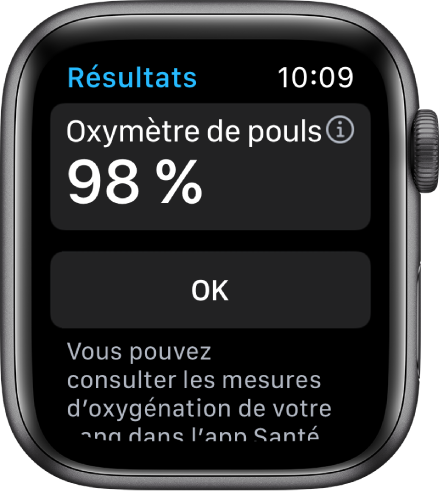 L’écran des résultats « Oxygène sanguin » affichant un niveau de saturation dans le sang de 98 %. Un bouton OK se trouve en bas.