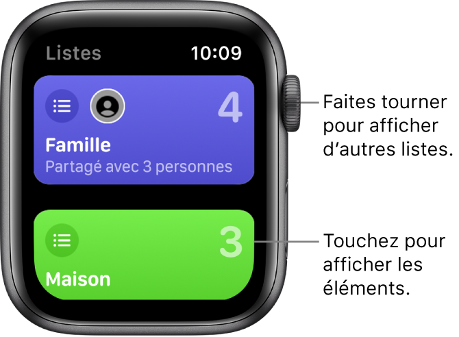 L’écran Listes de l’app Rappels affichant deux boutons de liste : Famille et Domicile. De grands chiffres indiquent combien de rappels se trouvent dans chaque liste. Le bouton Famille inclut les mots « Partagé avec 3 personnes ». Touchez une liste pour en afficher les éléments, ou faites tourner la couronne Digital Crown pour afficher plus de listes.