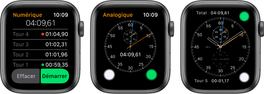 Trois écrans de montre affichant trois types de chronomètre : Un chronomètre numérique dans l’app Chronomètre, un chronomètre analogique dans l’app et les commandes de chronomètre disponibles sur le cadran Chronographe.