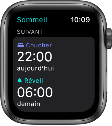 App Sommeil sur l’Apple Watch montrant le programme de sommeil de la soirée. Le coucher est défini sur 22 h et le réveil est réglé à 6 h.