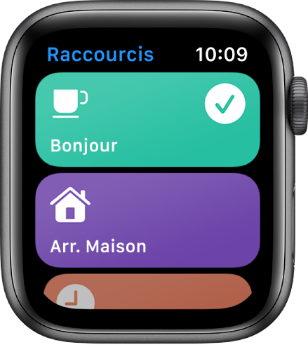 Écran Raccourcis affichant deux raccourcis : Bonjour et Arrivée au domicile.