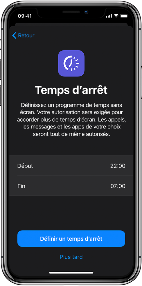 iPhone montrant l’écran de configuration de « Temps d’arrêt ». Choisissez une heure de début et de fin au milieu de l’écran. Les boutons « Définir un temps d’arrêt » et « Plus tard » se trouvent en bas de l’écran.