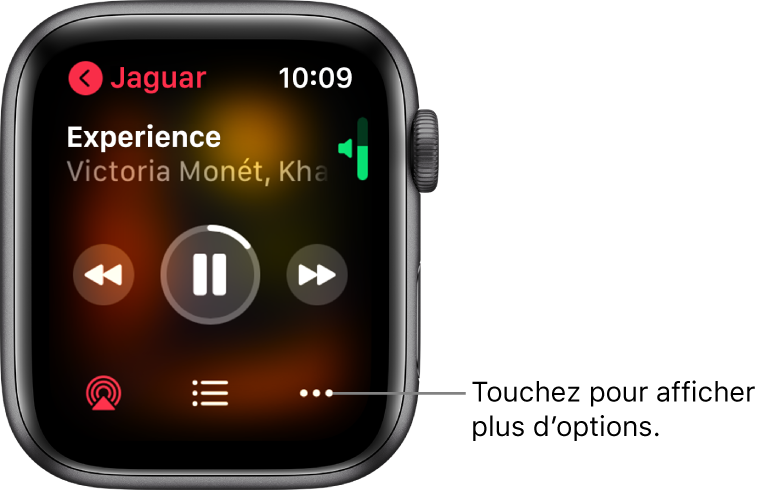 L’écran « À l’écoute » dans l’app Musique. Le nom de l’album se trouve en haut à gauche. Le titre du morceau et l’artiste se trouvent en haut et les commandes de lecture figurent au milieu. Le bouton AirPlay, le bouton Options et la liste des pistes se trouvent en bas de l’écran.