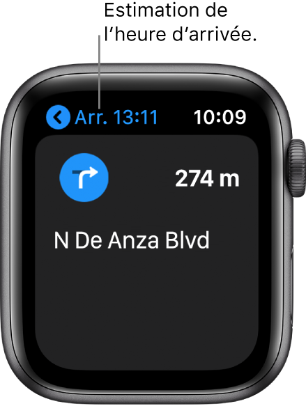 L’app Plans indiquant l’heure d’arrivée estimée en haut à gauche, le nom de la rue après le prochain virage et la distance avant ce virage.