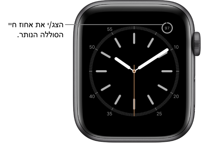 עיצוב שעון עם תצוגת אחוזי טעינת הסוללה למעלה בצד.