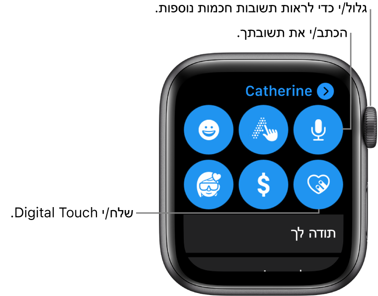 מסך התשובה, המראה את הכפתורים ״הכתבה״, ״כתב יד״, ״אמוג׳י״, Digital Touch, Apple Pay ו-Memoji. תשובות חכמות מופיעות למטה. סובב/י את ה‑Digital Crown כדי לראות עוד תשובות חכמות.