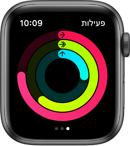 המסך ״פעילות״ מציג את הטבעות ״תנועה״, ״התעמלות״ ו״עמידה״.