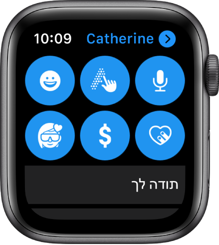 מסך של ״הודעות״ שמציג את הכפתור של Apple Pay לצד הכפתורים ״הכתב״, ״כתב יד״, ״אמוג׳י״, Digital Touch ו‑Memoji.