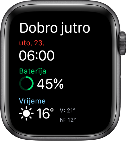Apple Watch prikazuje zaslon buđenja. Riječi Dobro jutro prikazuju se pri vrhu. Datum, vrijeme, postotak baterije i vrijeme nalaze se ispod.