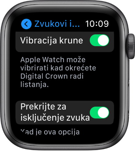 Zaslon Vibracije krune, s uključenim prekidačem Vibracija krune. Tipka Prekrijte za isključenje nalazi se ispod.