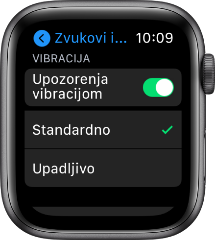 Postavke za Zvukove i vibracije na Apple Watchu, s prebacivanjem za obavijesti vibracijom, s opcijama Standardno ili Upadljivo ispod njih