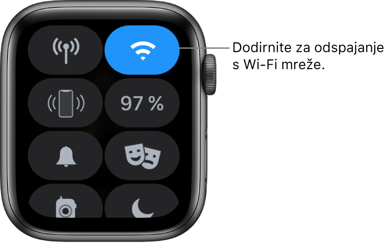 Kontrolni centar na modelu Apple Watch (GPS + Cellular), s tipkom Wi-Fi gore desno. U oblačiću piše "Dodirnite za odspajanje s Wi-Fija".