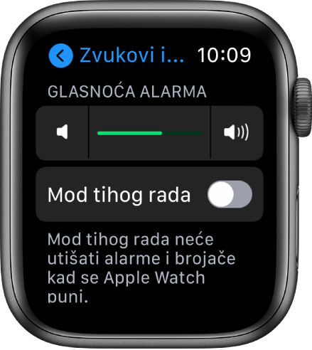 Postavke za opciju Zvukovi i vibracija na Apple Watchu, s kliznikom Glasnoće alarma pri vrhu zaslona i Moda tihog rada ispod kliznika.