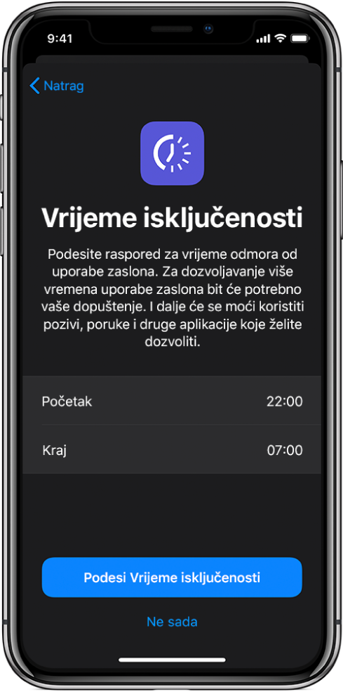 iPhone koji prikazuje zaslon za podešenje Vremena isključenosti. Odaberite početno i završno vrijeme po sredini zaslona. Tipke Podesi vrijeme isključenosti i Ne sada nalaze se pri dnu zaslona.