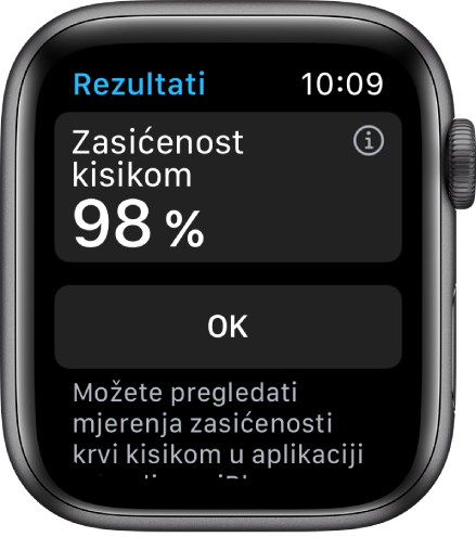 Zaslon s rezultatima zasićenosti kisikom s prikazom zasićenosti kisikom od 98 posto. Tipka Gotovo nalazi se ispod.