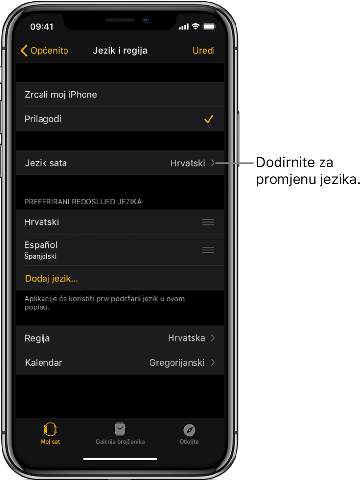 Zaslon jezika i regije unutar aplikacije Apple Watch s postavkom Jezik sata blizu vrha zaslona.