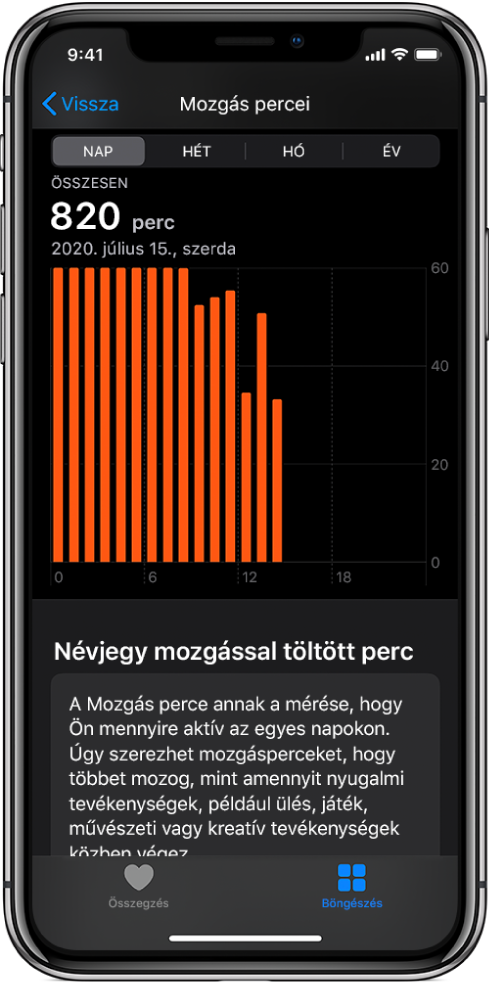 Az iPhone képernyője egy mozgásperceket bemutató jelentéssel. A képernyő alján az Összegzés és a Böngészés lap látható, amelyek közül a Böngészés lap van kiválasztva.