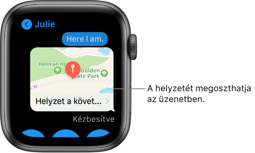 Az Üzenetek képernyője, rajta a feladó helyzetét jelző térképpel.