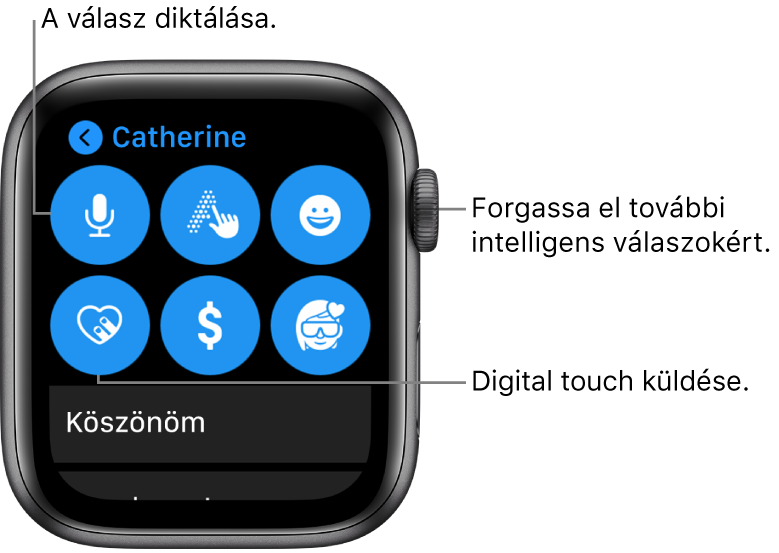A válaszképernyő a Diktálás, a Firka, az Emoji, a Digital Touch, az Apple Pay és a Memoji gombokkal. Az intelligens válaszok lent láthatók. További intelligens válaszok megjelenítéséhez forgassa el a Digital Crownt.