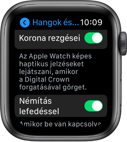 A Korona rezgései képernyő; a Korona rezgései funkció be van kapcsolva. Alatta a Némítás lefedéssel gomb látható.