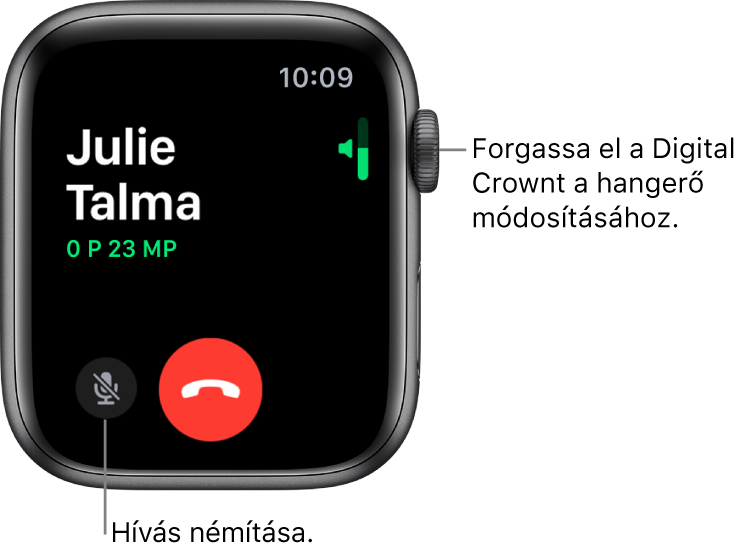 Bejövő telefonhívás közben a képernyőn jobbra fent látható a vízszintes hangerőjelző, balra lent a Némítás gomb, mellette pedig az Elutasítás gomb. A hívás időtartama a hívó fél neve alatt jelenik meg.