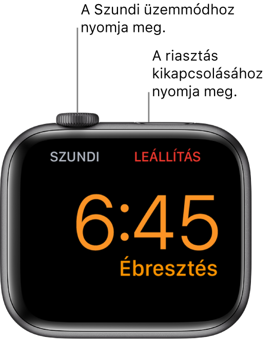 Oldalára fektetett Apple Watch, amelyen az éppen megszólaló ébresztés látható. A Digital Crown alatt a „Szundi” szó látható. Az oldalsó gomb alatt látható a „Leállítás” szó.