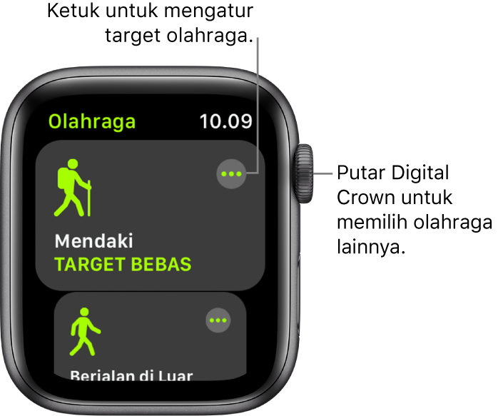 Layar Olahraga dengan olahraga Mendaki disorot. Tombol Lainnya terdapat di bagian kanan atas. Bagian olahraga Berjalan Kaki Di Luar di bawah.