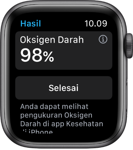 Layar hasil Oksigen Darah menampilkan saturasi oksigen darah 98 persen. Tombol Selesai di bawah.