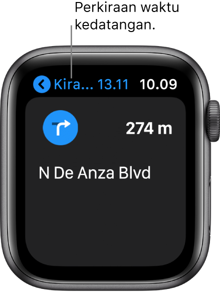 App Peta menampilkan perkiraan waktu kedatangan di kiri atas, nama jalan tempat belokan Anda berikutnya berada, dan jarak ke belokan tersebut.