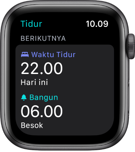 App Tidur di Apple Watch menampilkan jadwal tidur malam. Waktu tidur diatur ke 22.00 dan Bangun diatur ke 06.00.
