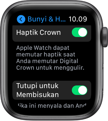 Layar Haptik Crown, menampilkan pengalih Haptik Crown yang dinyalakan. Tombol Tutupi untuk Membisukan terletak di bawah.