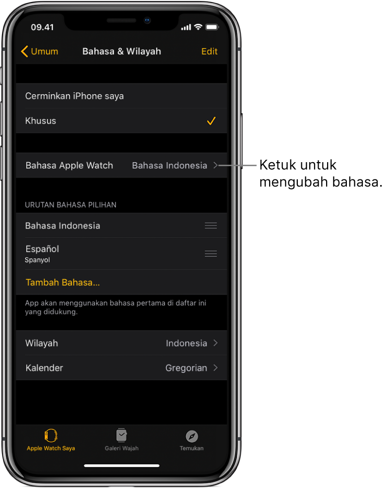 Layar Bahasa & Wilayah di app Apple Watch, dengan pengaturan Bahasa Apple Watch di dekat bagian atas.