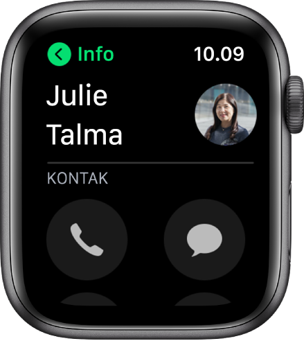 Layar Telepon menampilkan kontak serta tombol Panggil dan Pesan.