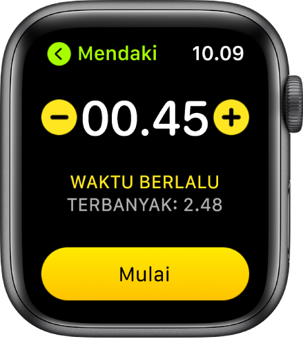Layar target menampilkan waktu di dekat bagian atas, dengan tombol – dan + di salah satu sisi, dan tombol Mulai di bagian bawah.