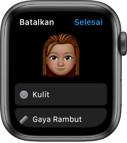 App Memoji di Apple Watch menampilkan wajah di dekat bagian atas serta pilihan Kulit dan Gaya Rambut di bawah.