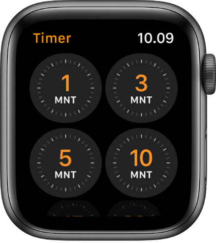 Layar app Timer, menampilkan timer cepat untuk 1, 3, 5, atau 10 menit.
