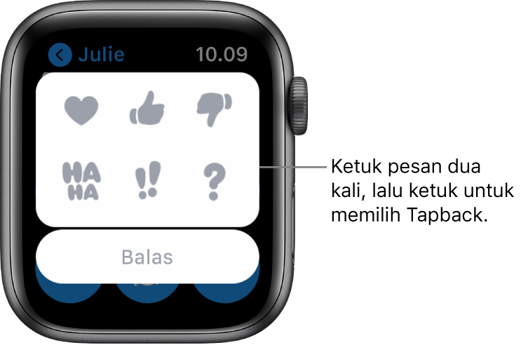 Percakapan Pesan dengan pilihan Tapback: hati, jempol ke atas, jempol ke bawah, Ha Ha, !!, dan ?. Tombol Balas di bawah.