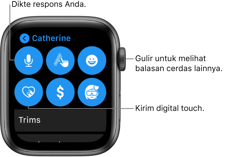 Layar balasan menampilkan tombol Dikte, Coretan, Emoji, Digital Touch, Apple Pay, dan Memoji. Balasan cerdas berada di bagian bawah. Putar Digital Crown untuk melihat balasan cerdas lainnya.