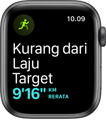 Layar Olahraga yang memberi tahu bahwa Anda tertinggal dari laju target Anda.
